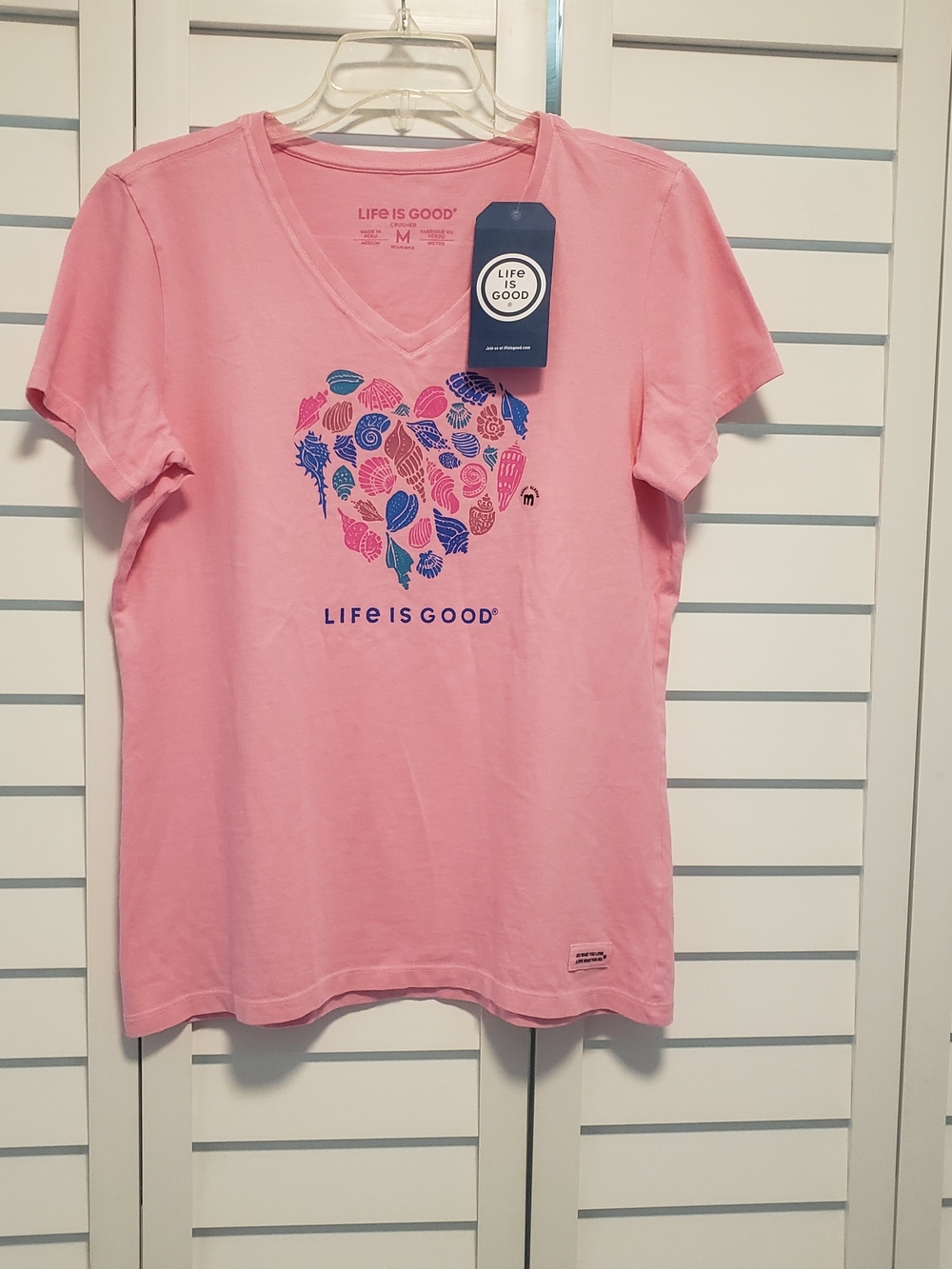 Life Is Good Pink V-Neck Tee with Blue and Dark Pink Shells Heart
